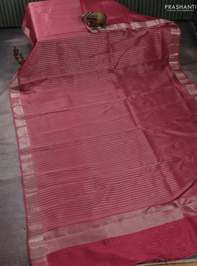 Banarasi silk cotton saree pink with allover zari stripe pattern and zari woven border