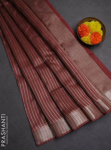 Banarasi silk cotton saree rust shade with allover zari stripe pattern and zari woven border