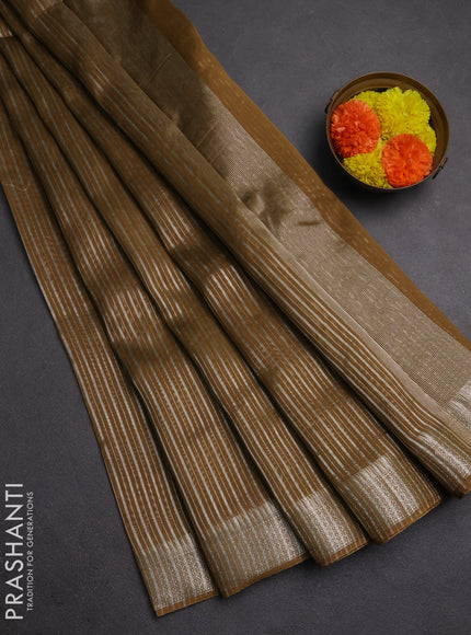 Banarasi silk cotton saree mehendi green with allover zari stripe pattern and zari woven border