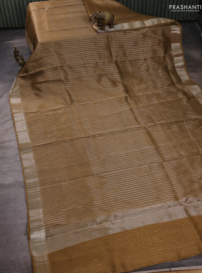 Banarasi silk cotton saree mehendi green with allover zari stripe pattern and zari woven border