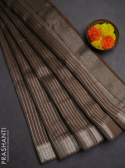 Banarasi silk cotton saree olive green with allover zari stripe pattern and zari woven border