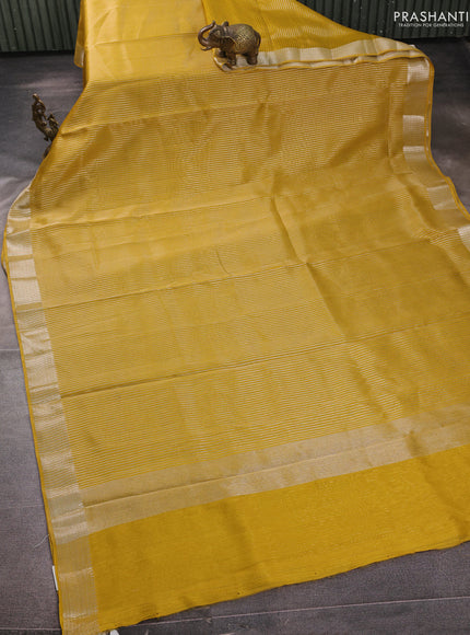 Banarasi silk cotton saree mustard yellow with allover zari stripe pattern and zari woven border