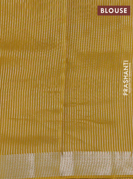 Banarasi silk cotton saree mustard yellow with allover zari stripe pattern and zari woven border