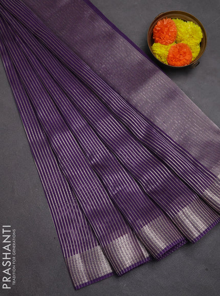 Banarasi silk cotton saree violet with allover zari stripe pattern and zari woven border