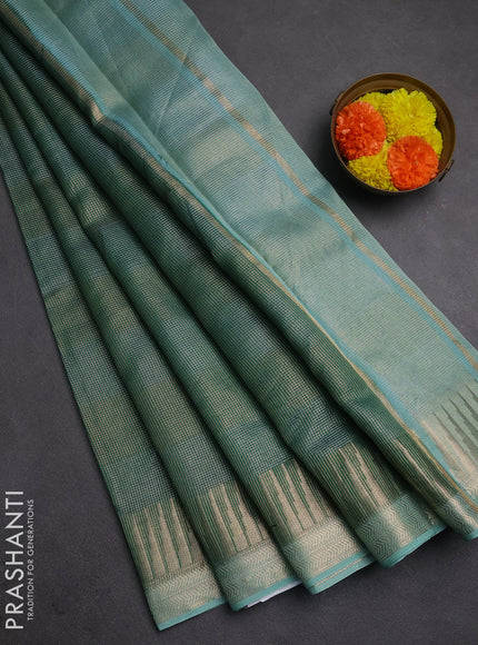 Banarasi silk cotton saree green and blue with allover zari stripe pattern and zari woven border