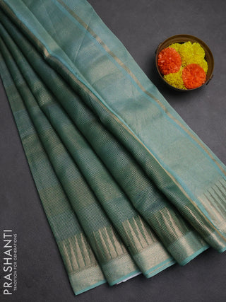 Banarasi silk cotton saree green and blue with allover zari stripe pattern and zari woven border