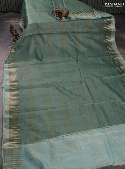 Banarasi silk cotton saree green and blue with allover zari stripe pattern and zari woven border
