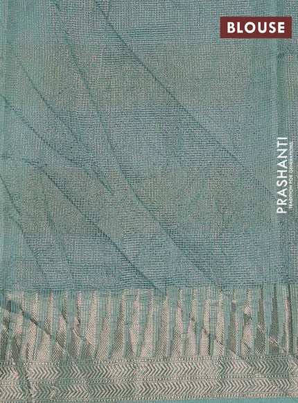 Banarasi silk cotton saree green and blue with allover zari stripe pattern and zari woven border