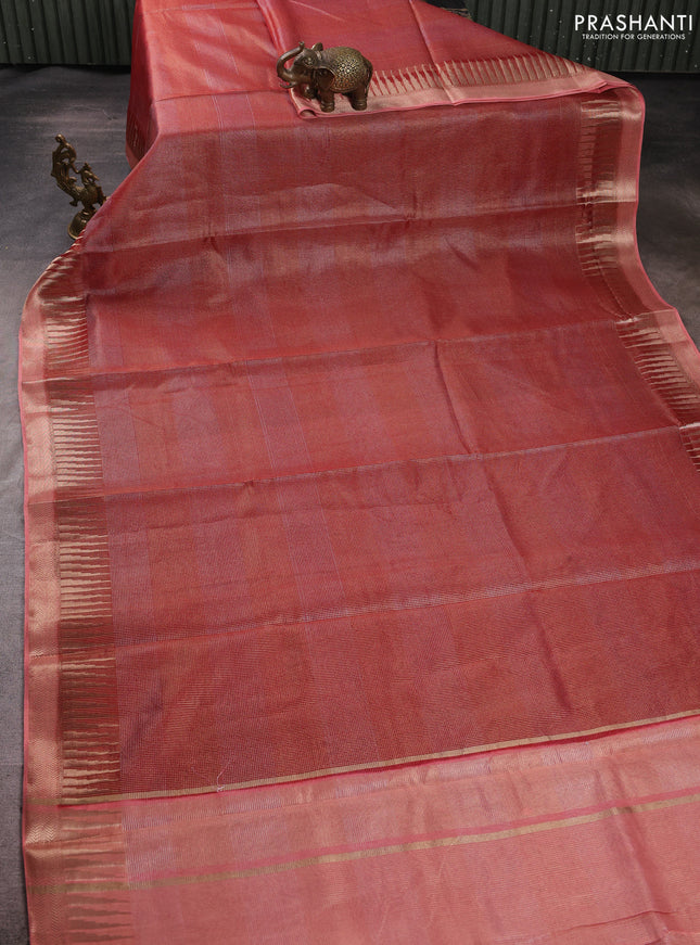 Banarasi silk cotton saree maroon and peach shade with allover zari stripe pattern and zari woven border
