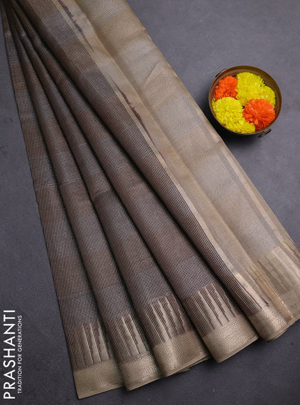 Banarasi silk cotton saree coffee brown and beige with allover zari stripe pattern and zari woven border