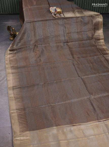 Banarasi silk cotton saree coffee brown and beige with allover zari stripe pattern and zari woven border