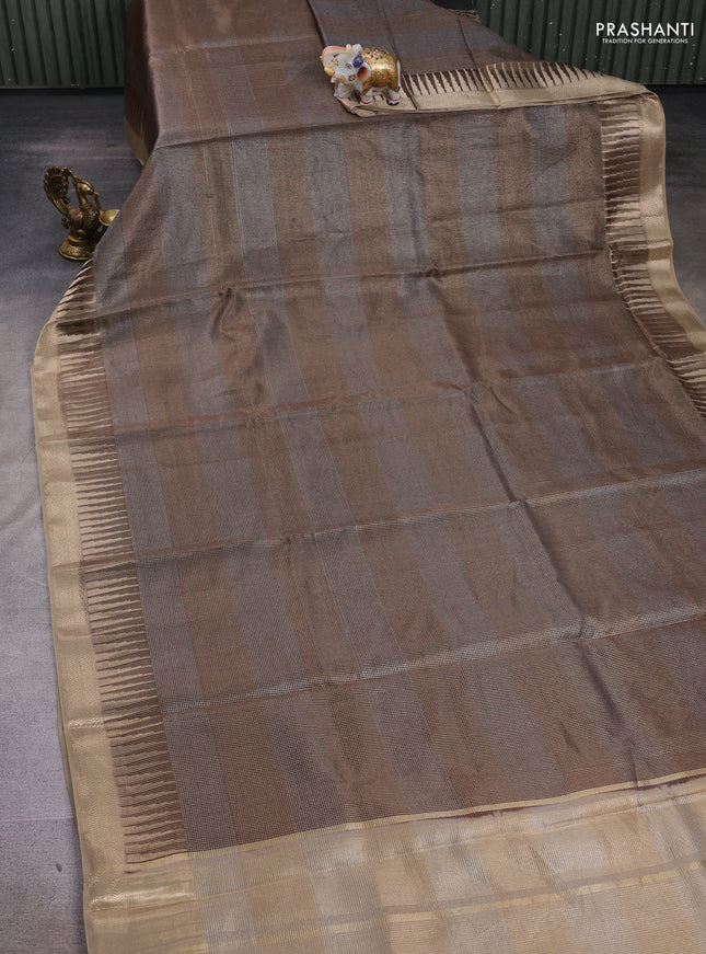 Banarasi silk cotton saree coffee brown and beige with allover zari stripe pattern and zari woven border