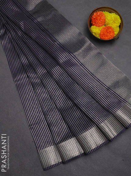 Banarasi silk cotton saree navy blue with allover zari stripe pattern and zari woven border