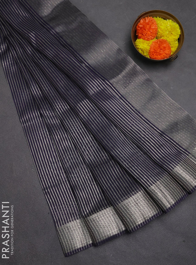 Banarasi silk cotton saree navy blue with allover zari stripe pattern and zari woven border