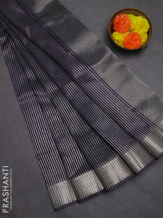 Banarasi silk cotton saree navy blue with allover zari stripe pattern and zari woven border