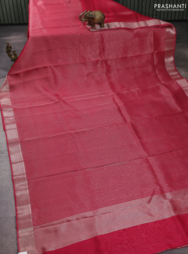Banarasi silk cotton saree pink with allover zari stripe pattern and zari woven border