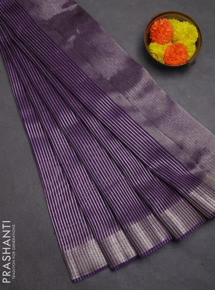 Banarasi silk cotton saree violet with allover zari stripe pattern and zari woven border