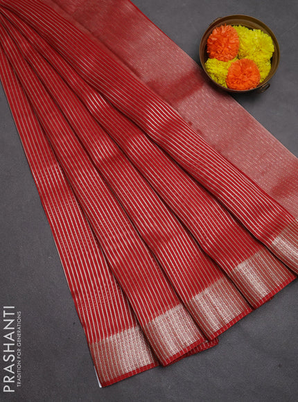 Banarasi silk cotton saree red with allover zari stripe pattern and zari woven border