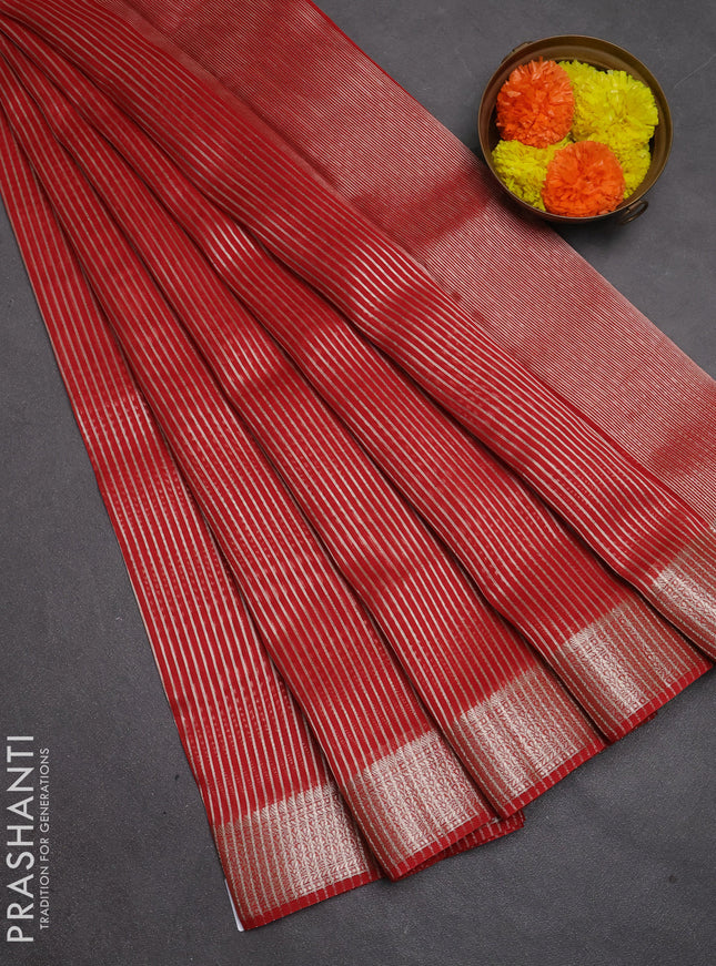 Banarasi silk cotton saree red with allover zari stripe pattern and zari woven border