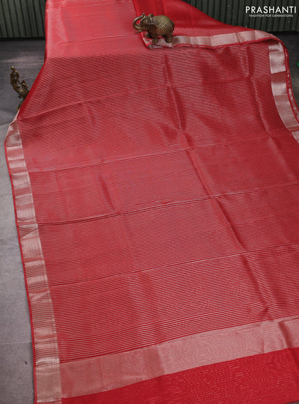 Banarasi silk cotton saree red with allover zari stripe pattern and zari woven border