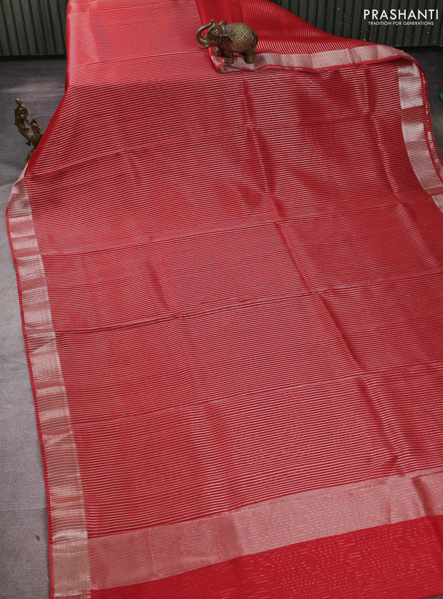 Banarasi silk cotton saree red with allover zari stripe pattern and zari woven border