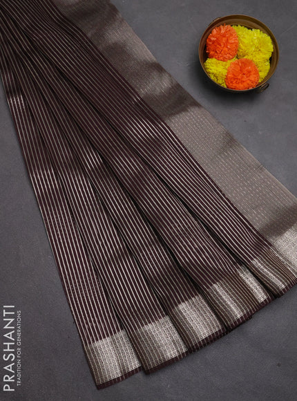 Banarasi silk cotton saree coffee brown with allover zari stripe pattern and zari woven border