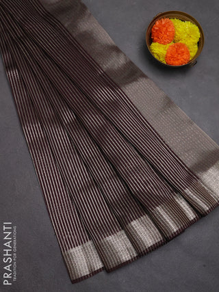 Banarasi silk cotton saree coffee brown with allover zari stripe pattern and zari woven border