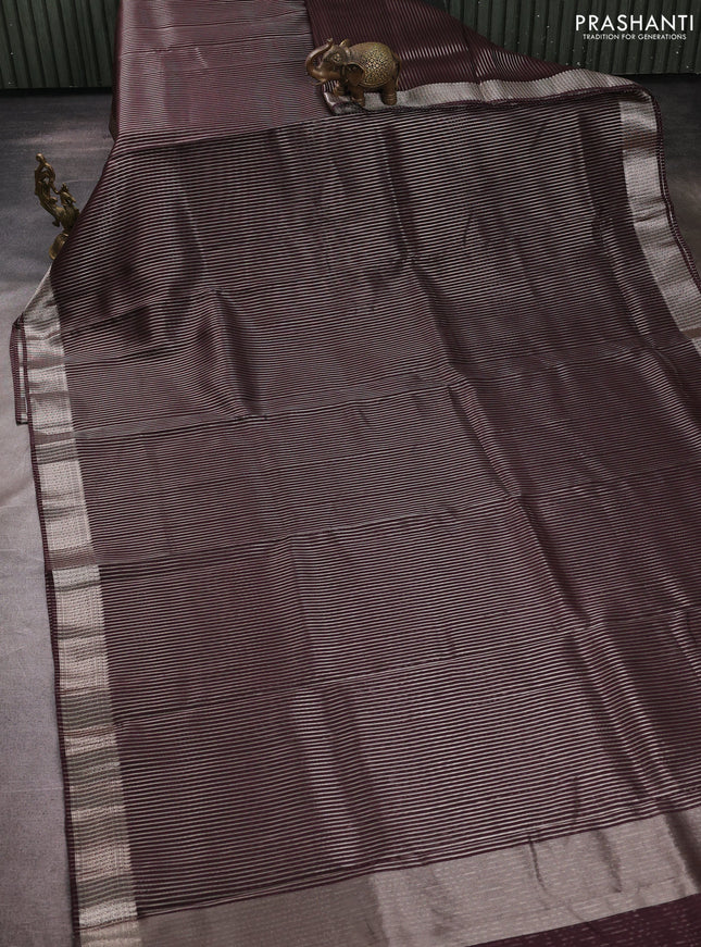 Banarasi silk cotton saree coffee brown with allover zari stripe pattern and zari woven border