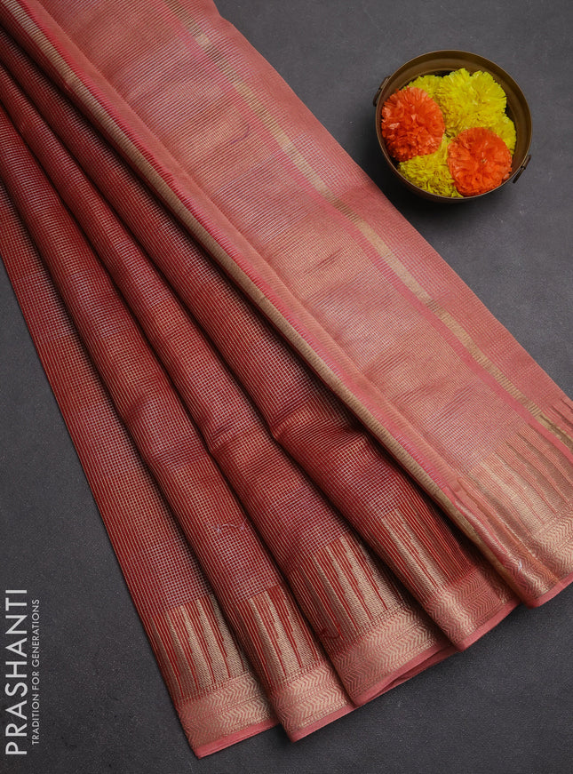 Banarasi silk cotton saree maroon and peach shade with allover zari checked pattern and zari woven border