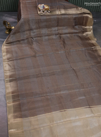 Banarasi silk cotton saree coffee brown and beige with allover zari checked pattern and zari woven border