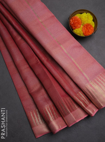 Banarasi silk cotton saree maroon and peach pink with allover zari checked pattern and zari woven border