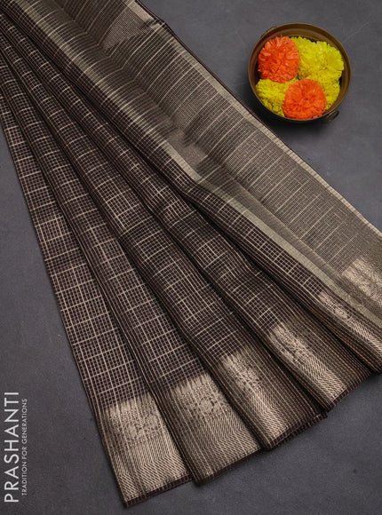 Banarasi silk cotton saree coffee brown with allover zari checked pattern and woven border