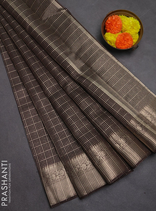 Banarasi silk cotton saree coffee brown with allover zari checked pattern and woven border