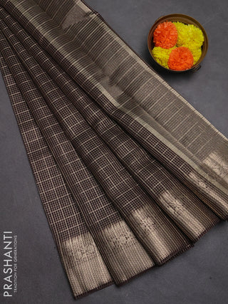 Banarasi silk cotton saree coffee brown with allover zari checked pattern and woven border