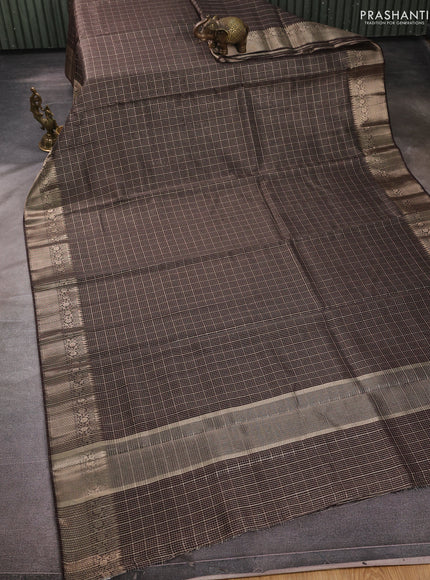 Banarasi silk cotton saree coffee brown with allover zari checked pattern and woven border