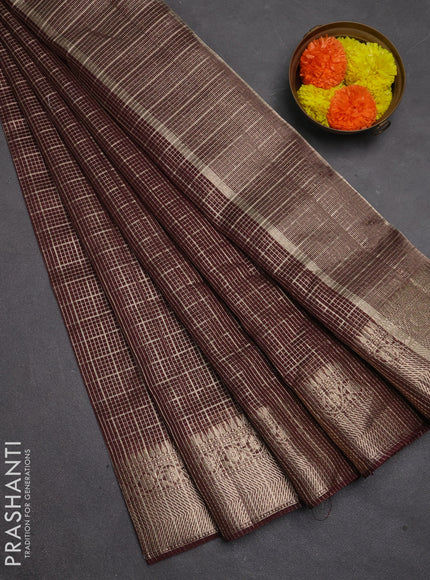 Banarasi silk cotton saree coffee brown with allover zari checked pattern and woven border