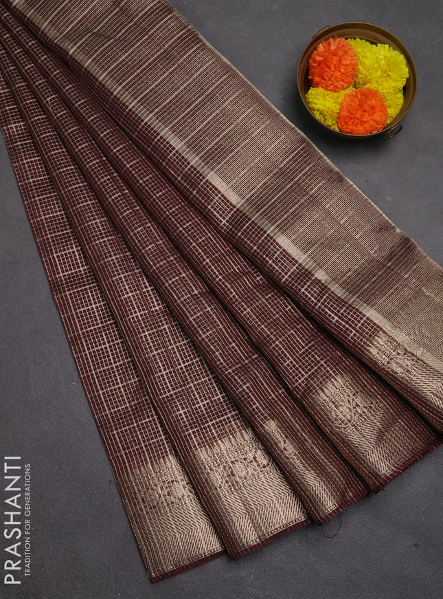 Banarasi silk cotton saree coffee brown with allover zari checked pattern and woven border