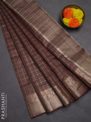 Banarasi silk cotton saree coffee brown with allover zari checked pattern and woven border