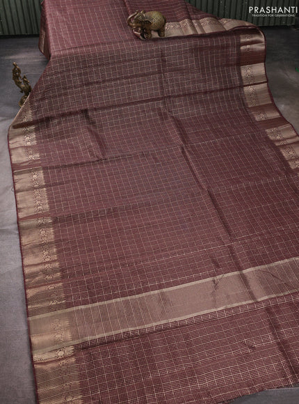 Banarasi silk cotton saree coffee brown with allover zari checked pattern and woven border