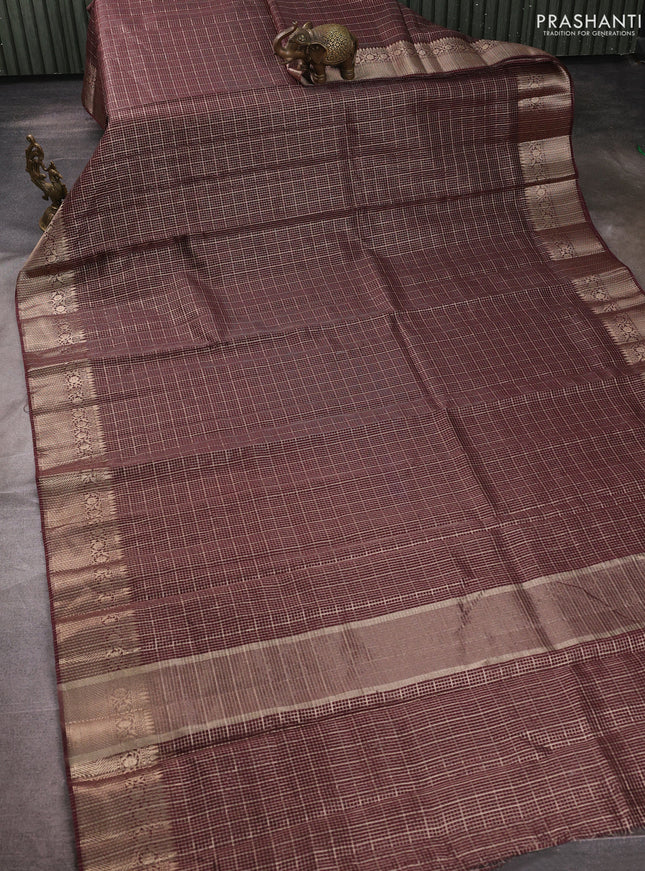 Banarasi silk cotton saree coffee brown with allover zari checked pattern and woven border