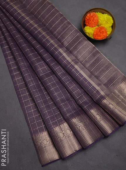 Banarasi silk cotton saree violet with allover zari checked pattern and woven border