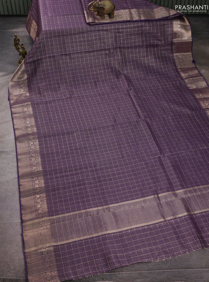 Banarasi silk cotton saree violet with allover zari checked pattern and woven border