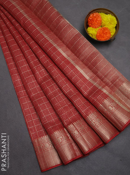 Banarasi silk cotton saree maroon with allover zari checked pattern and woven border
