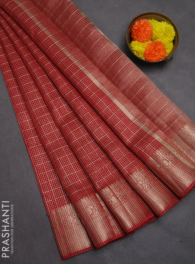 Banarasi silk cotton saree maroon with allover zari checked pattern and woven border