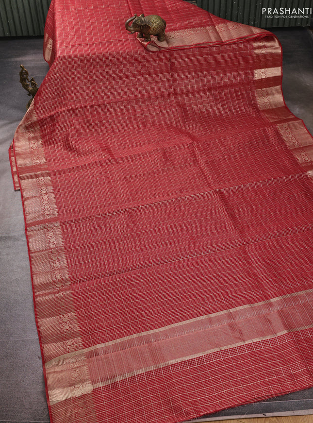 Banarasi silk cotton saree maroon with allover zari checked pattern and woven border