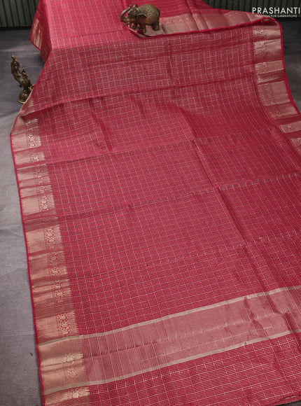 Banarasi silk cotton saree pink with allover zari checked pattern and woven border