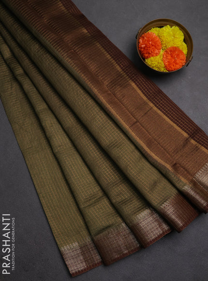 Banarasi silk cotton saree olive green and brown with allover zari checked pattern and woven border