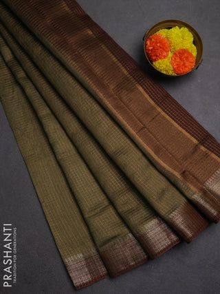 Banarasi silk cotton saree olive green and brown with allover zari checked pattern and woven border