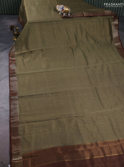 Banarasi silk cotton saree olive green and brown with allover zari checked pattern and woven border