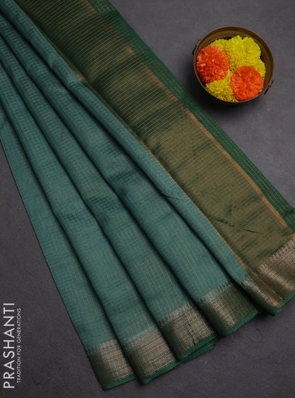 Banarasi silk cotton saree teal green and green with allover zari checked pattern and woven border